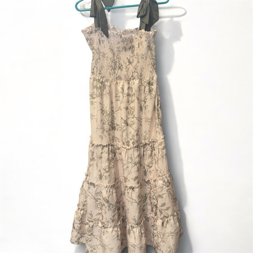 Floral Maxi Cream Dress with Green Accents